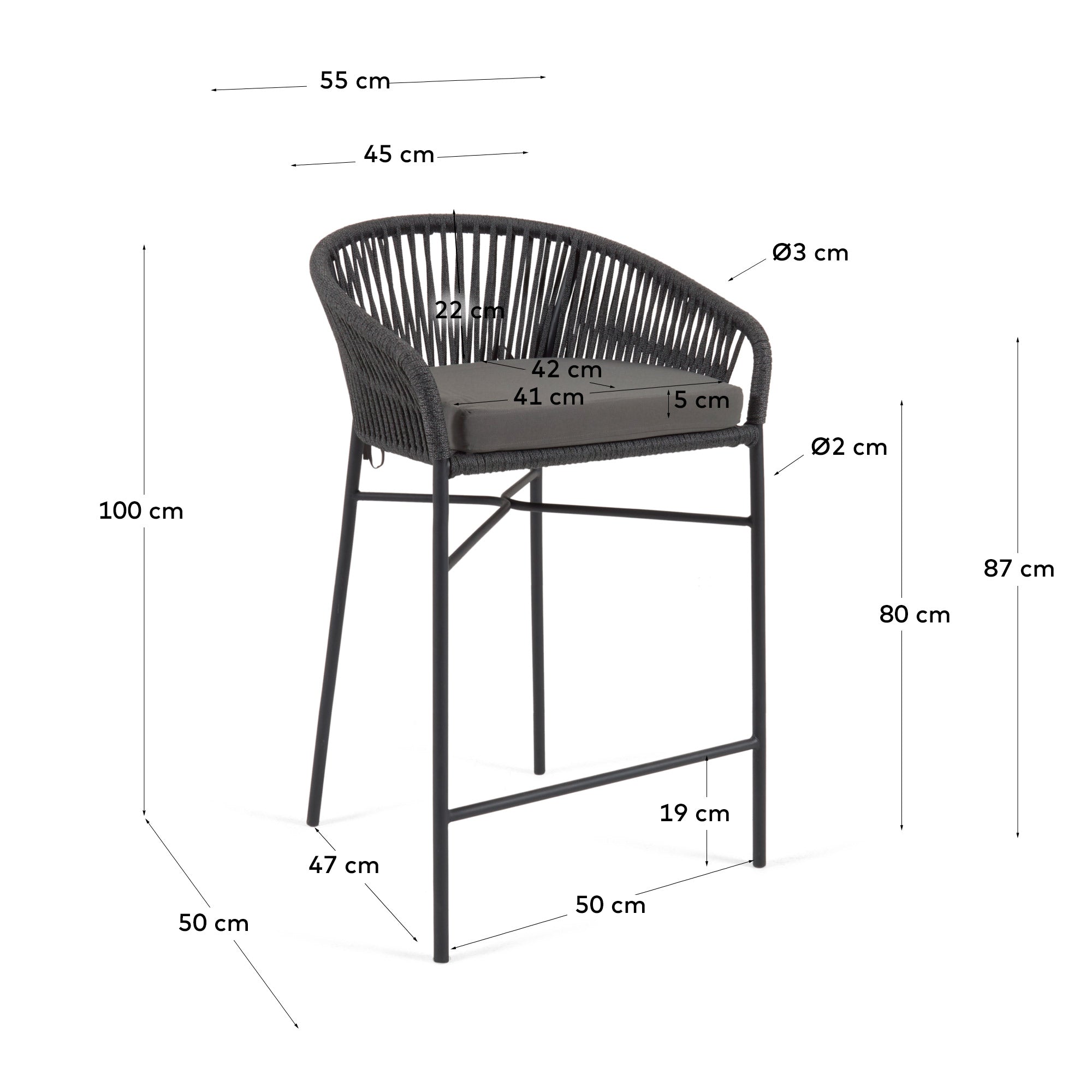 Yanet stool made from black cord and galvanised steel, height 80 cm
