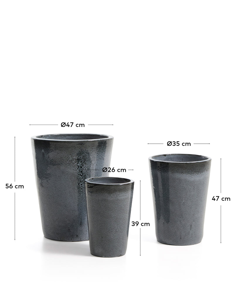 Rotja set od 3 sadilice od terakote sa glaziranom plavom završnom obradom Ø 26 / 35 / 47 cm