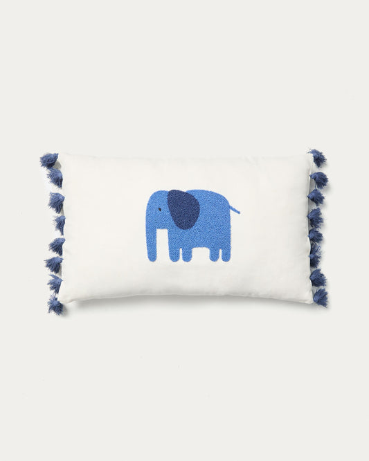 Tandani beige cotton cushion cover with embroidered blue elephant, 30 x 50 cm