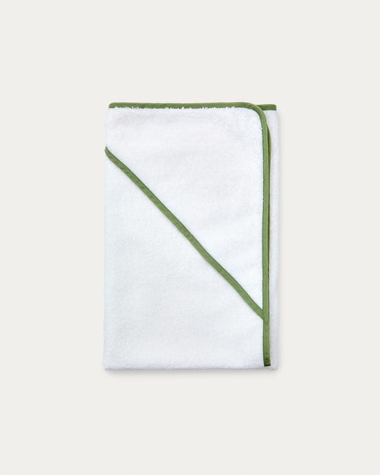 White cotton Nuni hooded towel with green trim