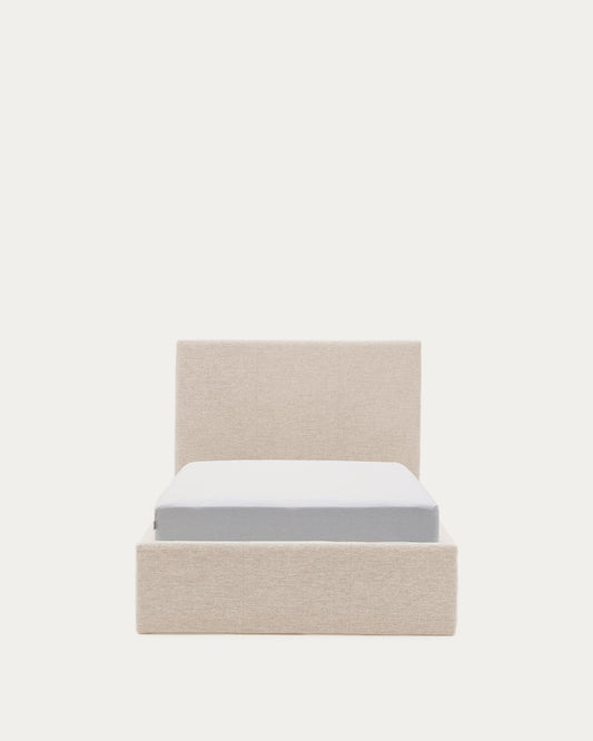 Nahiri bed with lifting mechanism, made of beige chenille, for mattress 90 x 200 cm