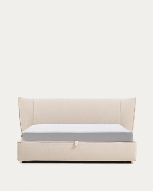 Arvian beige chenille removable-cover bed with ottoman base for a 180 x 200 cm mattress