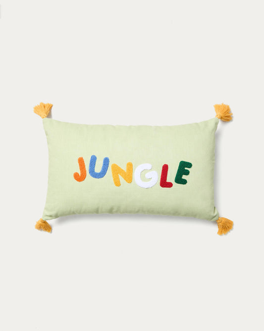 Tandani green cotton cushion cover with multicolored embroidered letters, 30 x 50 cm