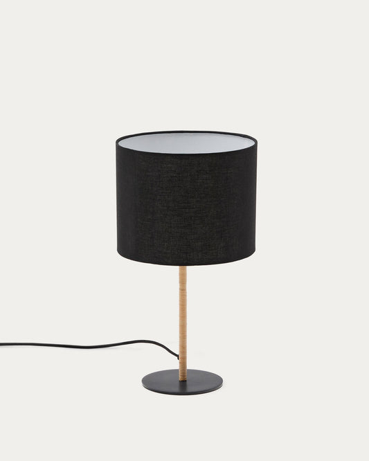 Pina metal and rattan table lamp with black cotton shade