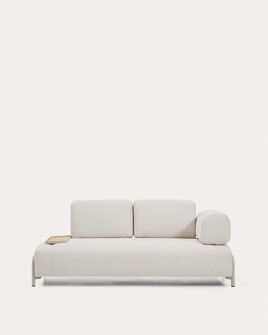 Compo two-seater sofa in ecru chenille fabric, with small oak table and beige metal frame, 200 cm