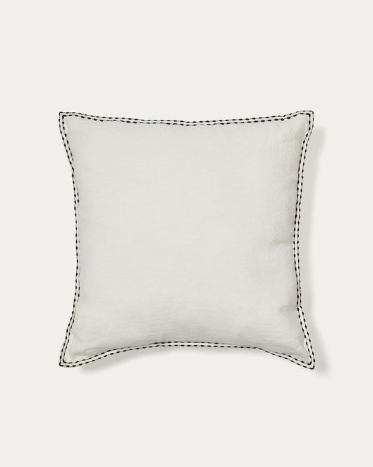 Sinnet cushion cover in white linen with black embroidery, 45 x 45 cm
