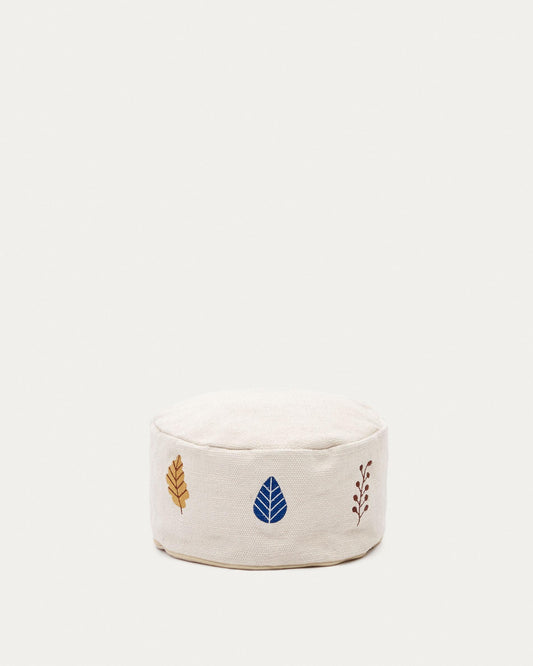 Yanil pouf made of 100% white cotton with multicolored embroidered leaves, Ø 40 cm
