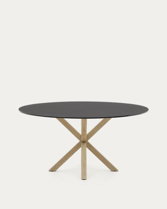 Argo round table made of matte black glass and steel legs with wood effect, Ø 150 cm