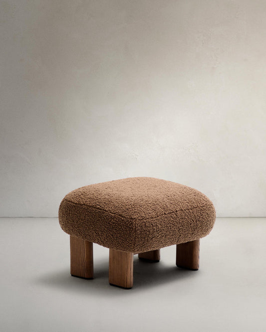 No taupe boucle stool with solid ash wood legs walnut finish 65x55.4cm FSC 100%