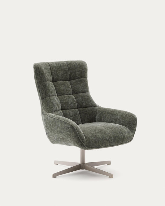 teryl swivel green chenille armchair with gray metal, FSC 100%