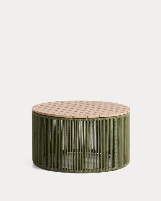 Dandara club table made of steel, green rope and solid acacia wood, Ø70 cm, FSC 100%.