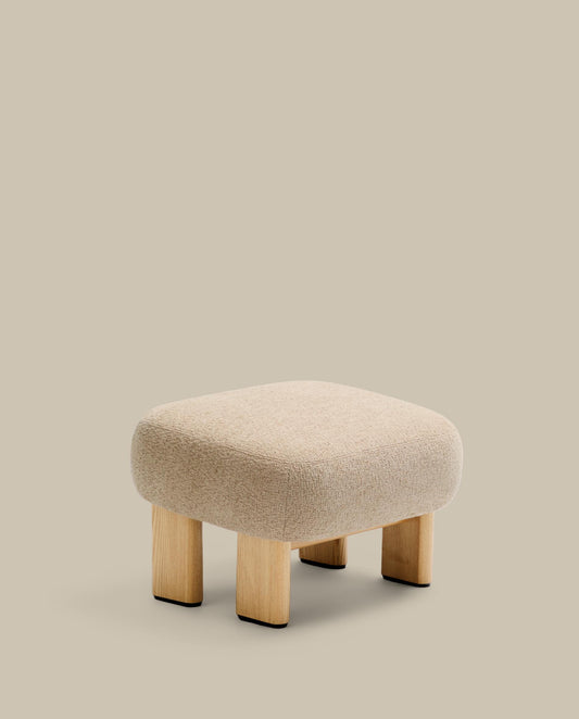 Nema beige chenille footstool with solid ash wood legs natural finish 65x55.4 cm FSC 100%