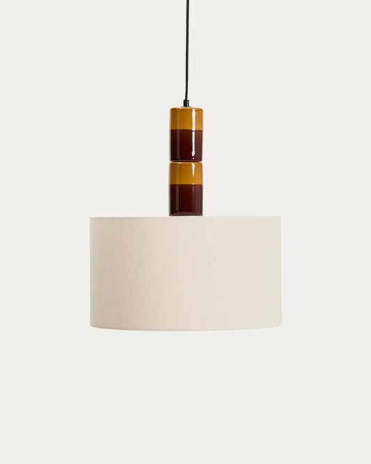 Mavran ceiling lamp made of brown and mustard ceramic with cotton lampshade
