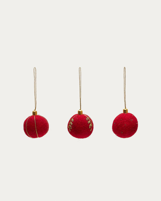 Breshi set of 3 small red decorative hanging balls with gold details