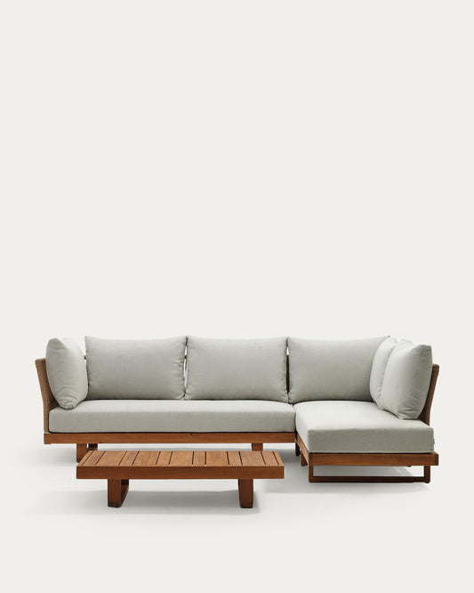 Razo corner sofa with 5 seats and coffee table, made of solid acacia wood
