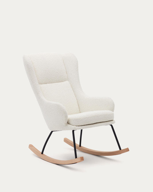 Maustin rocking chair in white boucle with black steel frame and beech wood