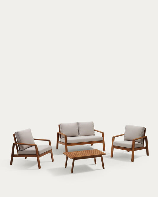 Frares set, 2 seater sofa, 2 armchairs and coffee table, solid acacia wood
