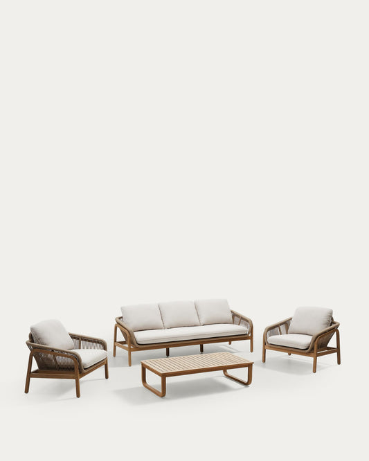 Vellana set: 3-seater, 2 armchairs and a coffee table made of FSC 100% solid acacia.