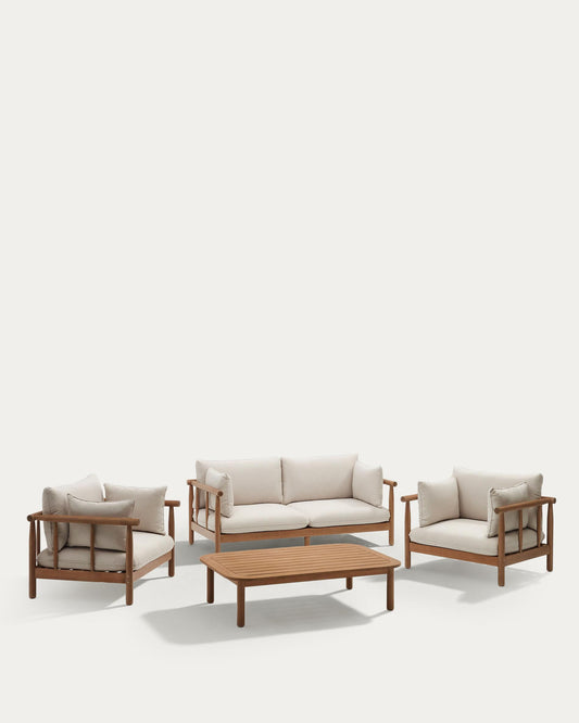 Sacova set of 2 armchairs, two-seater and coffee table in solid eucalyptus wood FSC