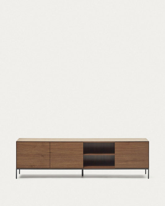 Vedrana tv stand with 3 doors in walnut veneer with black steel legs, 195 x 55 cm
