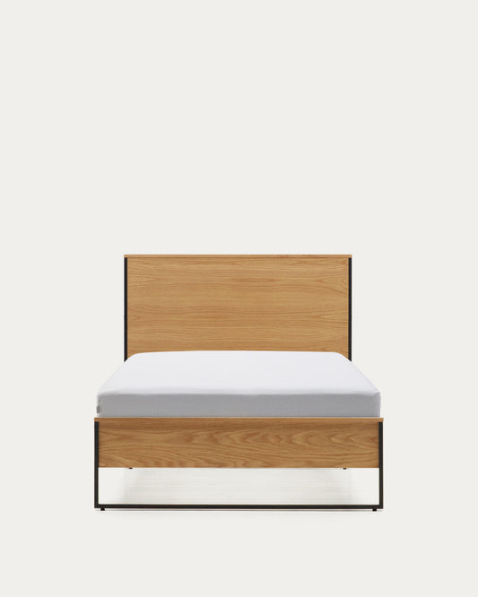 Tayana oak veneer bed with steel legs in black, 90 x 190 cm