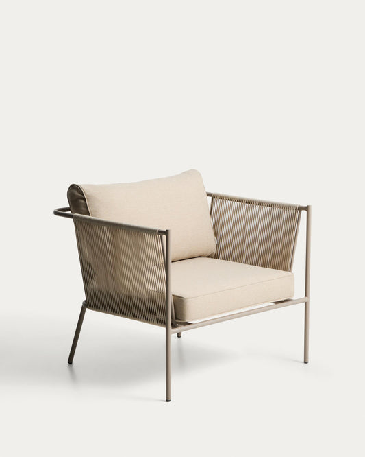 Zivia garden armchair made of natural rope and taupe galvanized steel