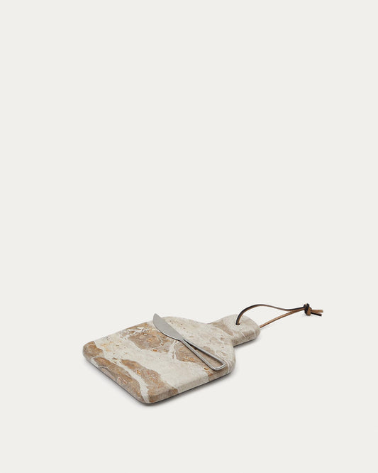 Emilse small cutting board and knife set in beige marble