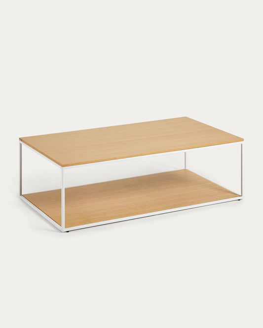 Yoana coffee table with oak veneer top and base, white metal construction, 110 x 60 cm