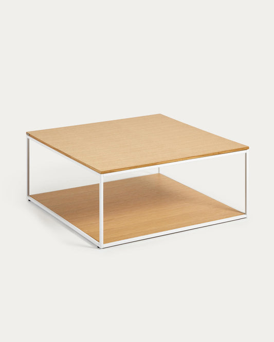 Yoana coffee table with oak veneer top and base, white metal construction, 80 x 80 cm