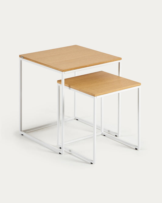 Yoana Set of 2 Nesting Side Tables with Oak Veneer and Painted White Metal Frame
