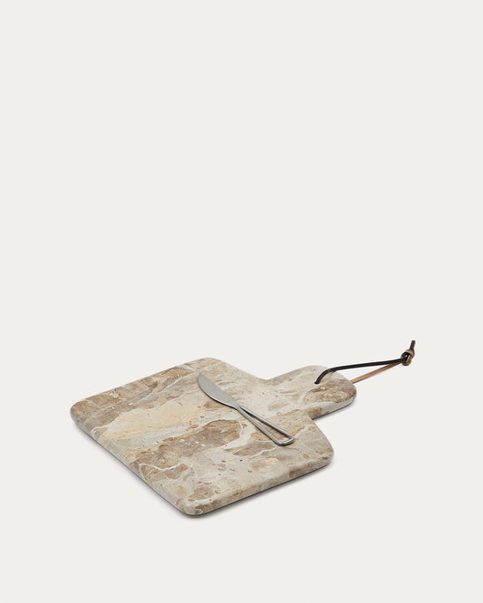 Emilse large cutting board and knife set in beige marble