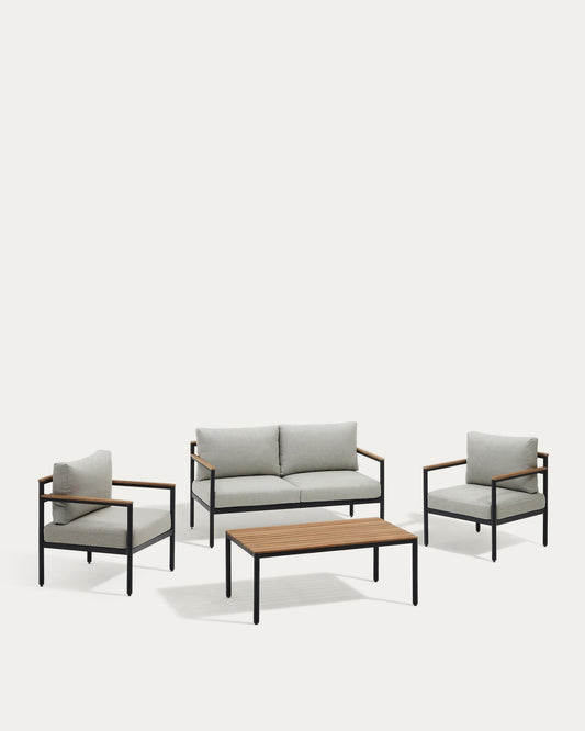 Aiguafreda set, 2 seater sofa, 2 chairs & coffee table made from grey aluminium & acacia