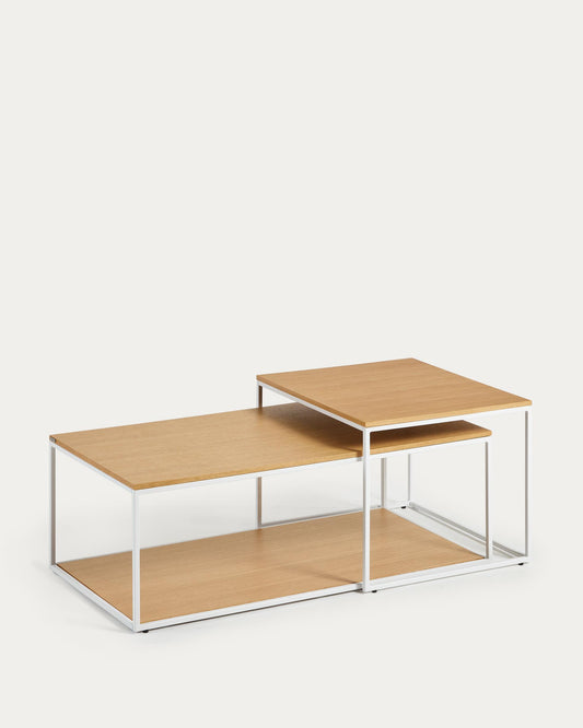 Yoana set of 2 coffee tables with oak veneer and white metal structure, 80 x 80 cm