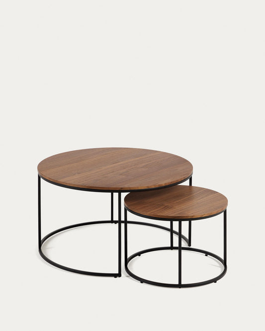 Yoana set of 2 nesting side tables with walnut and black metal veneer, Ø 80 cm / Ø 50 cm
