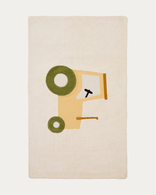 Pecky beige, 100% cotton carpet with tractor, 90 x 150 cm