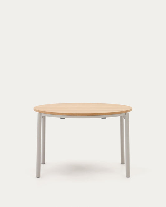 Montuiri round extendable table in oak veneer and steel legs with gray finish, Ø 120 (200) cm