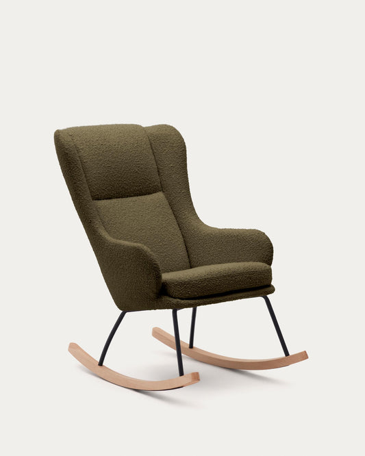 Maustin rocking chair in green boucle with dark green steel frame and beech wood