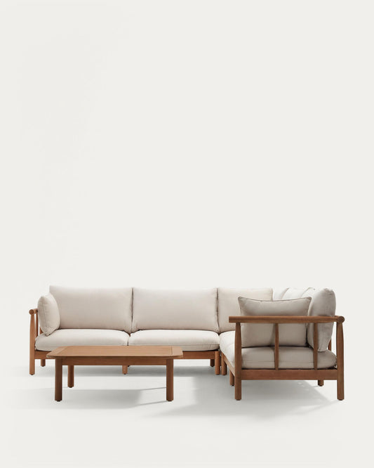 Sacova set, 5-seater corner sofa and coffee table in solid eucalyptus wood