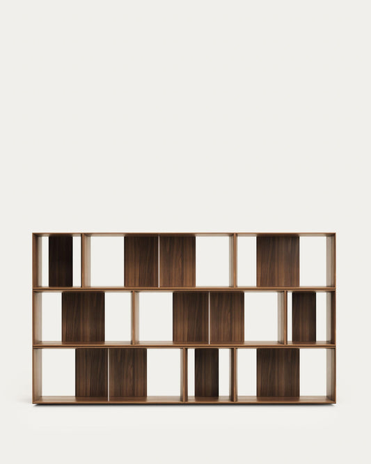 Litto set of 9 modular shelves in walnut veneer, 202 x 114 cm