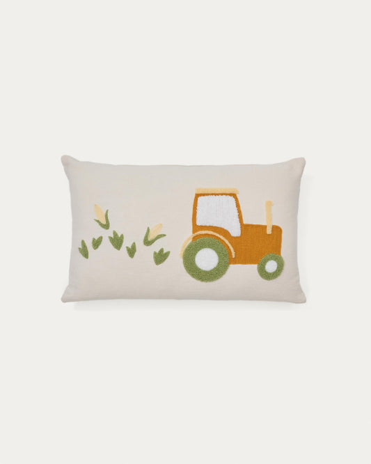 Pecky beige cotton cushion cover with tractor embroidery, 30 x 50 cm