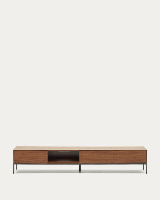 Vedrana tv stand with 3 drawers in walnut veneer with black steel legs, 195 x 35 cm