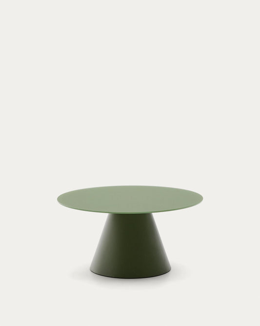 Wilshire coffee table with frosted tempered glass and matte green painted steel finish Ø80cm