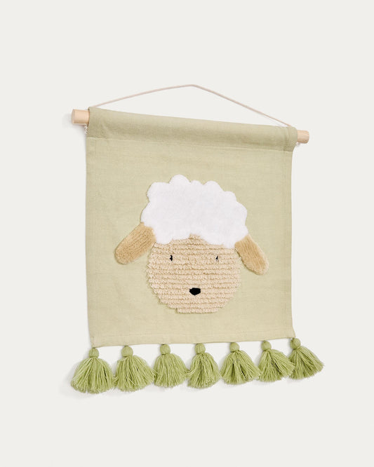 Milo wall tapestry made of green cotton with sheepskin and green fringes