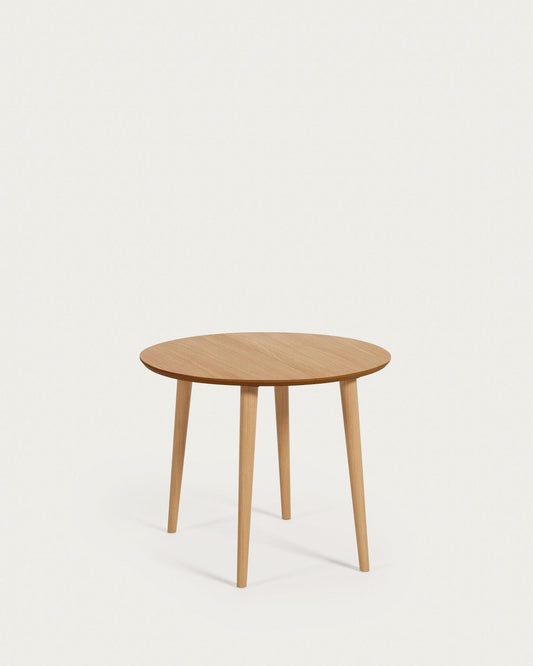 Oqui round extendable table in MDF oak veneer and solid wood legs, 90 (170) x 90 cm