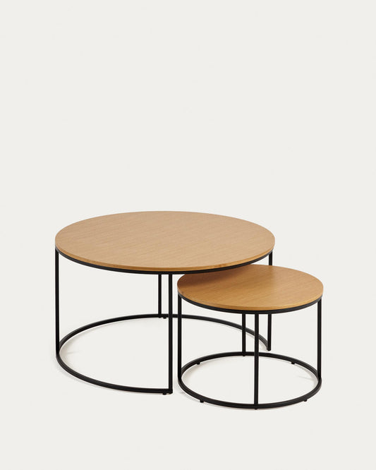 Yoana set of 2 nesting side tables with oak veneer and black metal, Ø 80 cm / Ø 50 cm