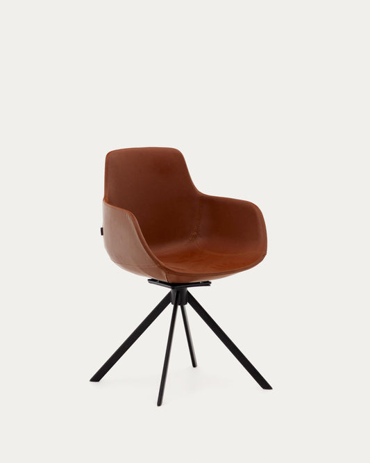 tissiana self-centering swivel chair in synthetic brown leather and matte black aluminum