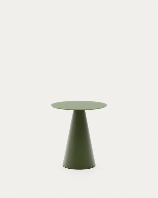 Wilshire side table with frosted tempered glass and matte green painted steel finish Ø50cm