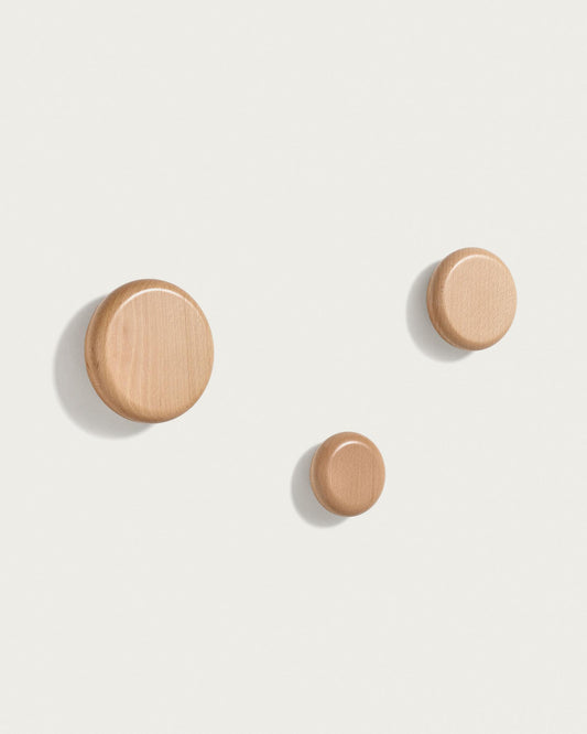 Nadue set of 3 wall hooks in solid beech wood with a natural finish