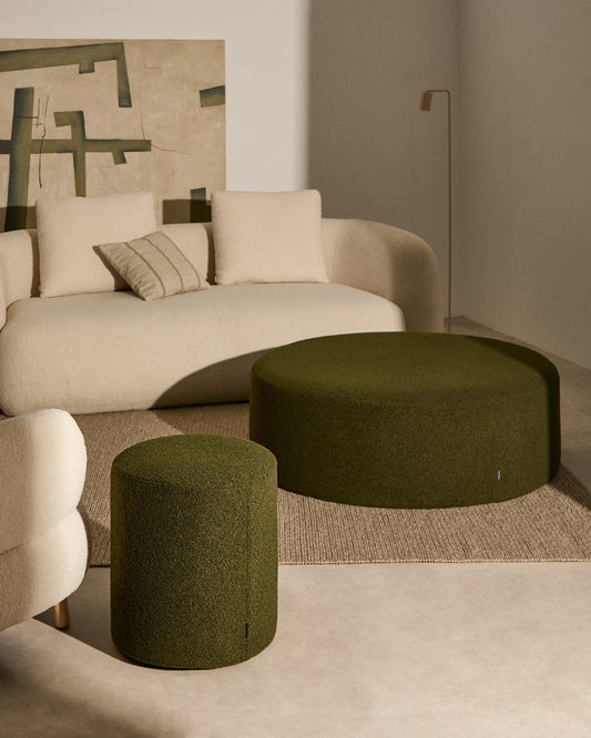 Kaeli footrest with removable cover in green boucle Ø 43 cm