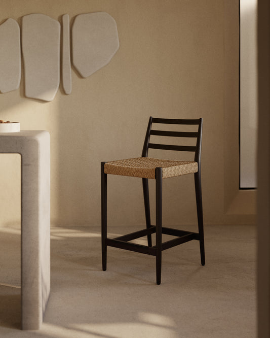 Analy solid oak back stool with black finish and rope seat 65 cm FSC 100%